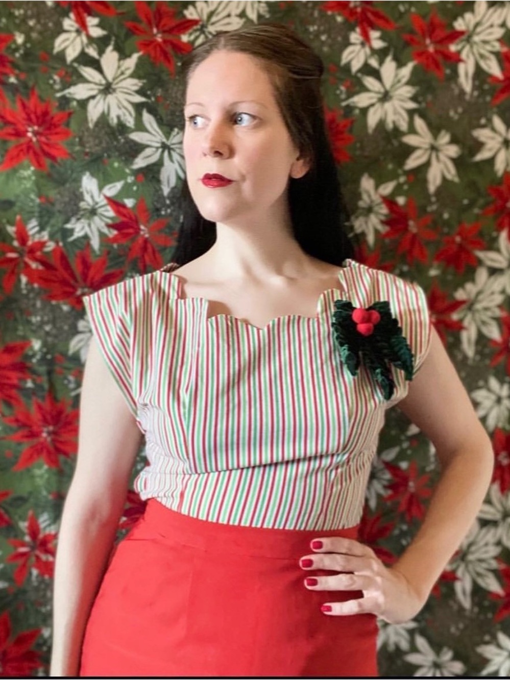 Handmade Christmas Red Green White Stripes Cotton Scalloped Blouse